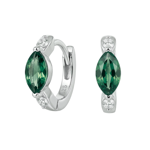 Silver earrings with green gemstones on a white background