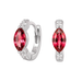 Silver hoop earrings with red gemstones on a white background