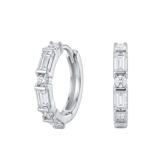 925 Sterling Silver Rhodium Plated Emerald Cut Mixed Earrings
