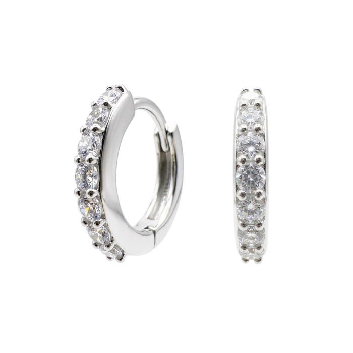 925 Sterling Silver Rhodium Plated Classic Pave Huggie Earrings