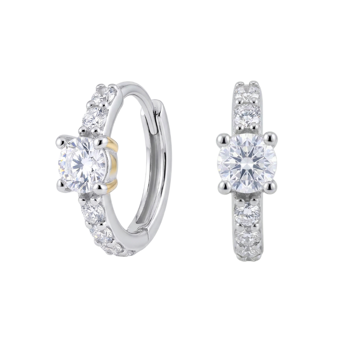 925 Sterling Silver Rhodium Plated Round Solitaire CZ Pavé Huggies