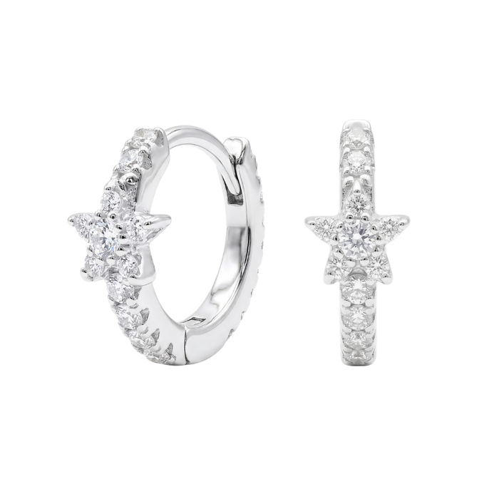 925 Sterling Silver Rhodium Plated Pave Star Huggie Earrings