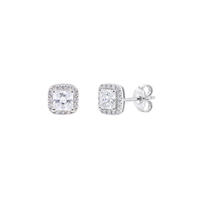 925 Sterling Silver Rhodium Plated Princess Cut CZ Halo Stud Earrings