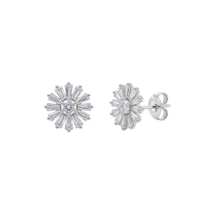 925 Sterling Silver Rhodium Plated Sunburst Baguette Stud Earrings