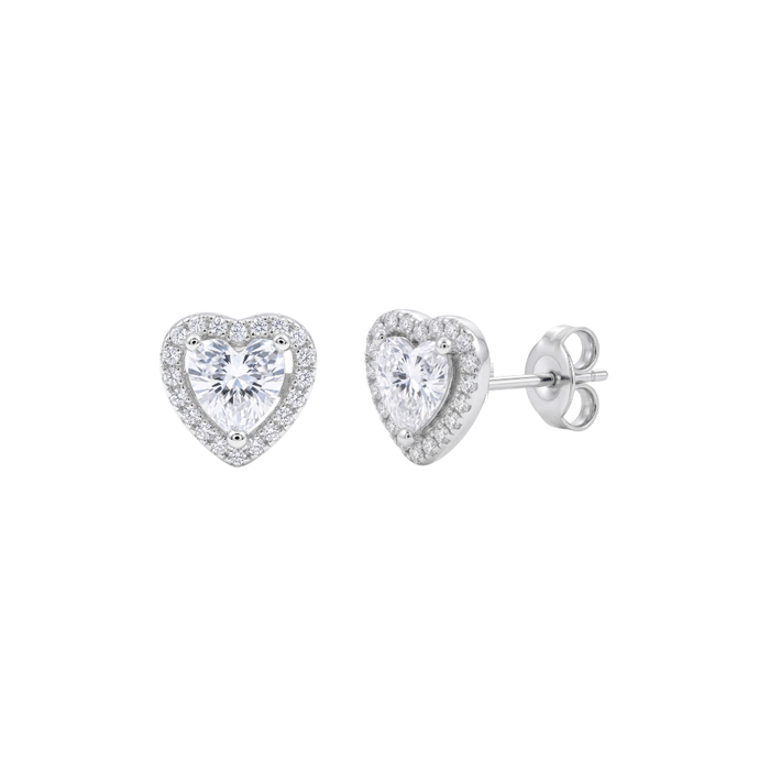 925 Sterling Silver Rhodium Plated Heart Halo Stud Earrings