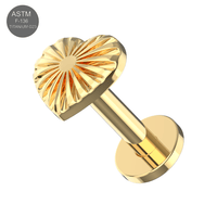 Gold titanium heart threadless top with flatback stud for body jewelry