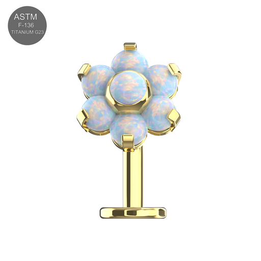 White opal G23 Titanium Flower Threadless Belly Ring in gold-tone floating design. Lightweight, hypoallergenic, and perfect for daily wear.