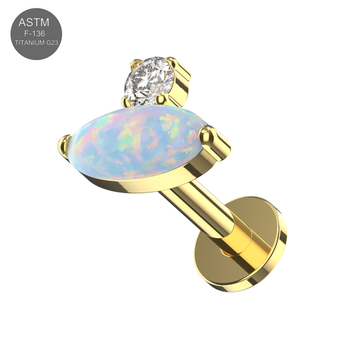 G23 Titanium Oval Opal & CZ Jewelled Threadless Flatback Stud