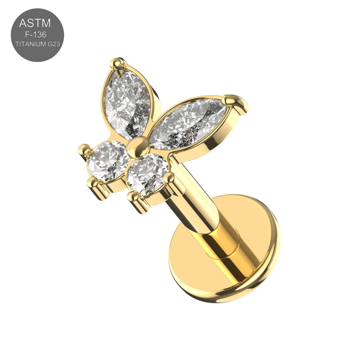 G23 Titanium Butterfly CZ Top With Internal Thread Base Labret - Monster Piercing
