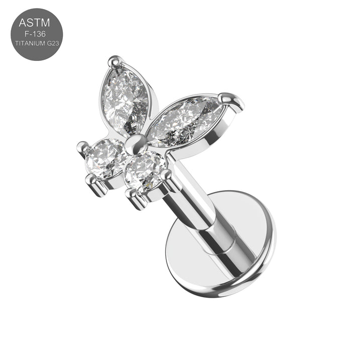 G23 Titanium Butterfly CZ Top With Internal Thread Base Labret - Monster Piercing
