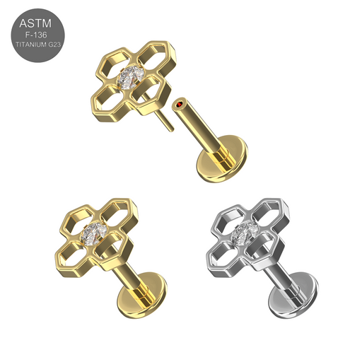 Gold flower CZ stud with diamond, side view, body jewelry