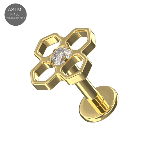 Gold flower CZ stud with diamond center, flatback body jewelry