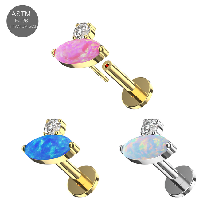 G23 Titanium Oval Opal & CZ Jewelled Threadless Flatback Stud
