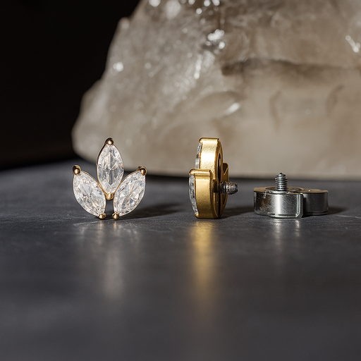 G23 Titanium Marquise CZ Jewelled Leaf Set Internally Threaded Flatback Stud - Monster Piercing