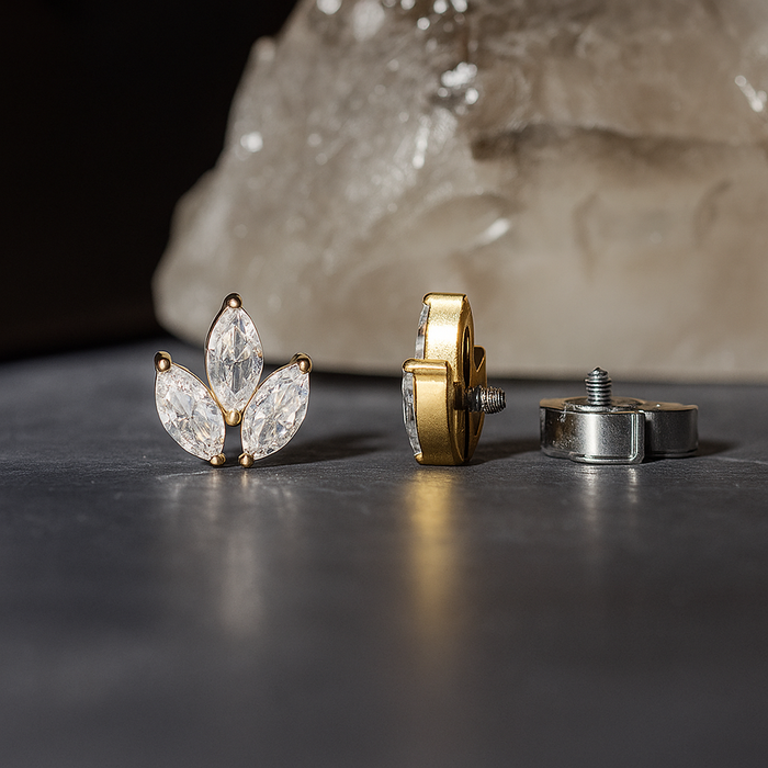 G23 Titanium Marquise CZ Jewelled Leaf Set Internally Threaded Flatback Stud - Monster Piercing
