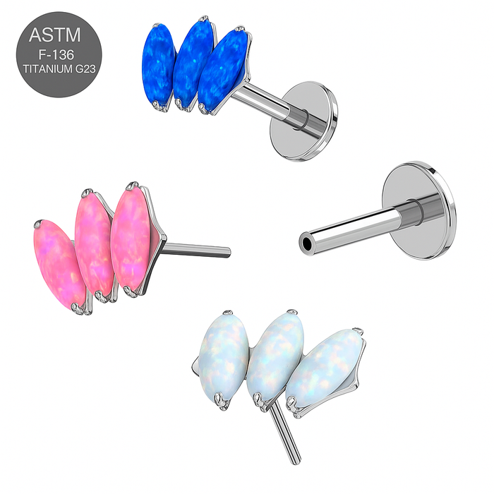 G23 Titanium Dazzling Trio Opal Jewelled Thread-less Push-Fit With Flatback Stud - Monster Piercing