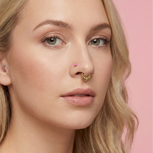 Gold heart septum clicker with size details