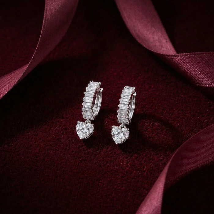 925 Sterling Silver Rhodium Plated Baguette CZ Heart Drop Earrings