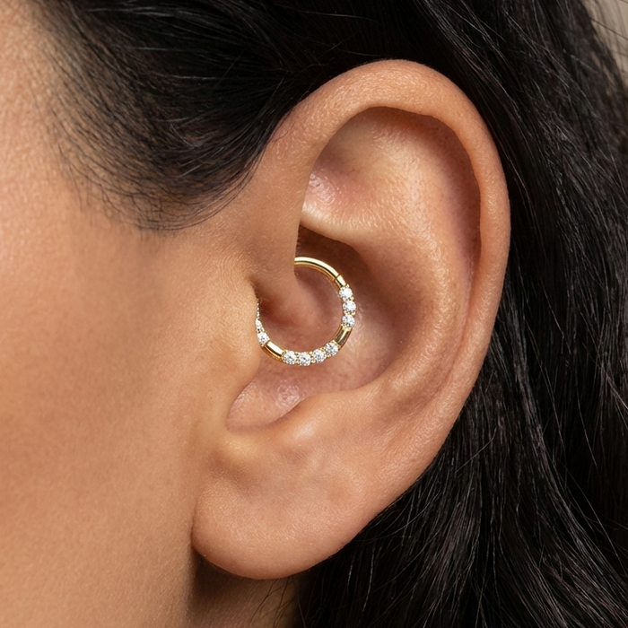 14K Gold Hinged Elegant Multi CZ Pave Segment Clicker Ring