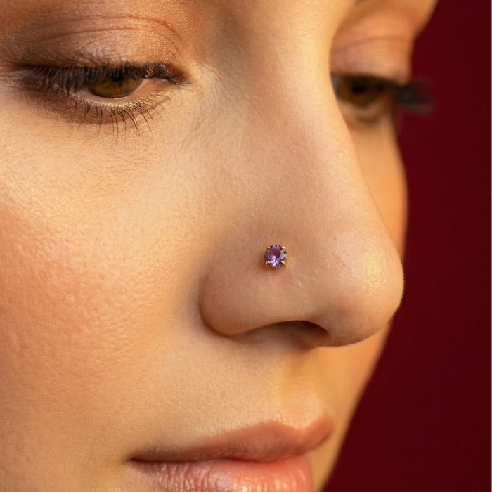 14K Gold Claw-Set Amethyst Natural Stone Nose Stud