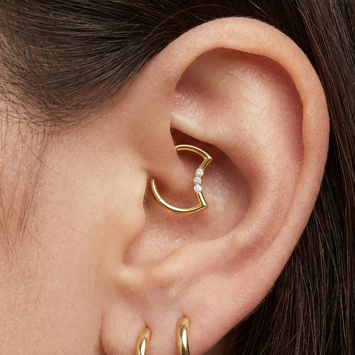 14K Gold Round CZ Jewelled Crescent Segment Clicker Ring