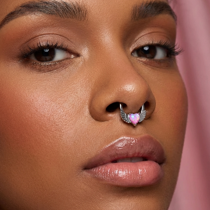 316L Surgical Steel Synthetic Fuchsia Opal Heart Septum Clicker Ring