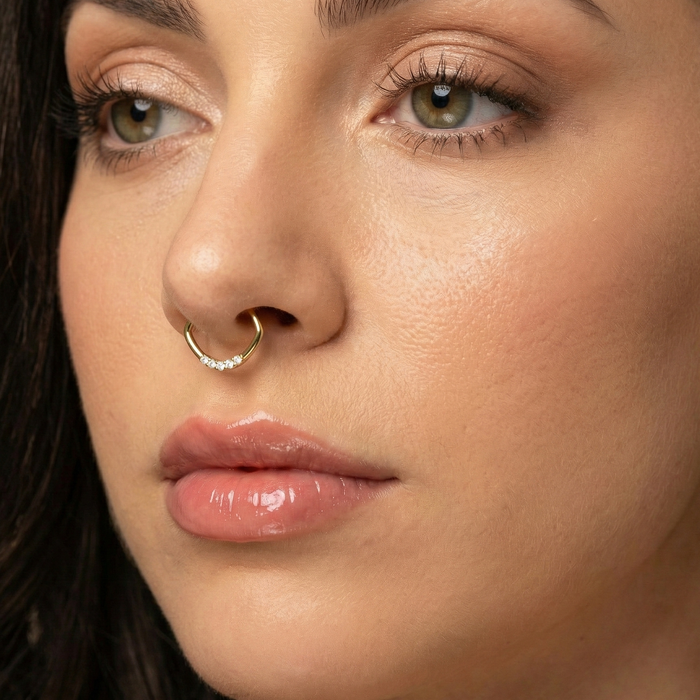 14K Gold Round CZ Jewelled Oval Shape Segment Clicker Ring