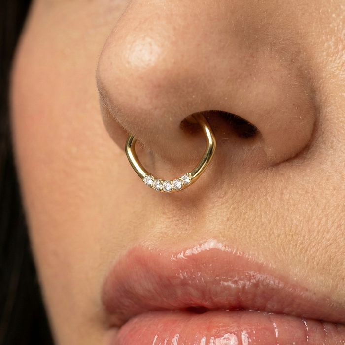 14K Gold Round CZ Jewelled Oval Shape Segment Clicker Ring