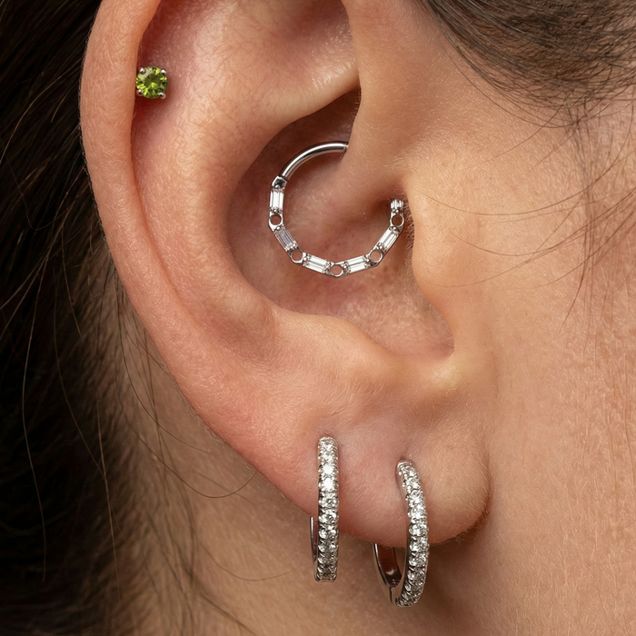 Silver segment clicker hoop with cubic zirconia baguette stones, titanium material, ASTM F-136 G23