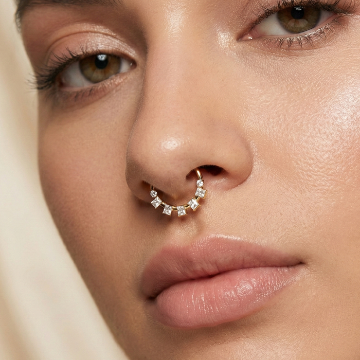 316L Surgical Steel Bezel Set Seven CZ Jewelled Hinged Segment Clicker Ring