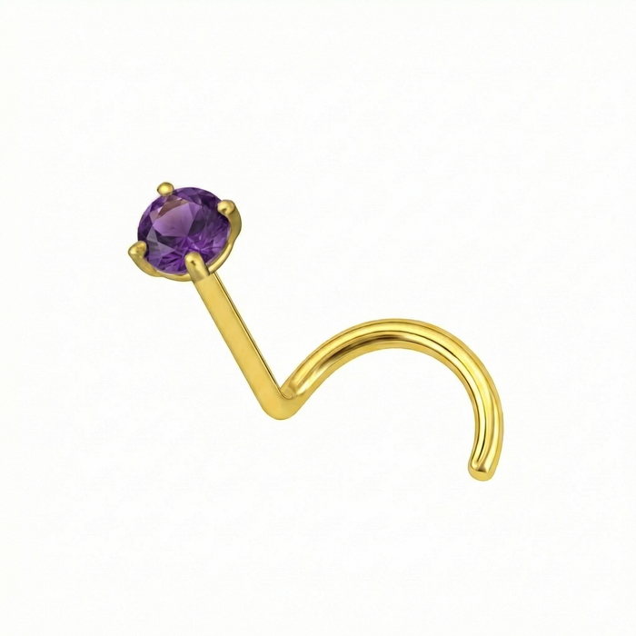 14K Gold Claw-Set Amethyst Natural Stone Nose Screw Stud