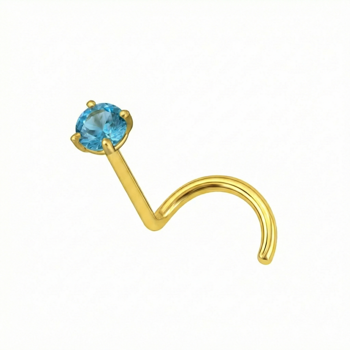 9K Gold Claw-Set Blue Topaz Natural Stone Screw Nose Stud