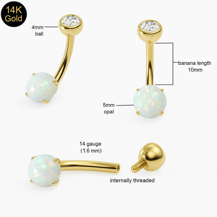 14K Gold Opal and CZ Belly Ring