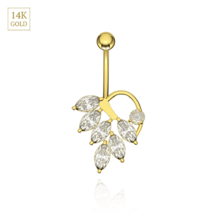 14K Gold Bauchnabelpiercing Blätter mit Steinen
