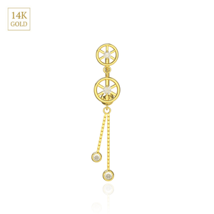 14K Gold CZ Jewelled Double Wheeled Danglers Belly Ring