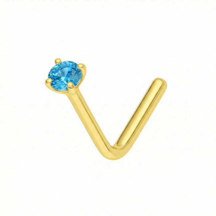 14K Gold Claw-Set Blue Topaz Natural Stone L-Bend Nose Stud