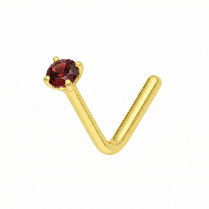 14K Gold Claw-Set Garnet Natural Stone L-Bend Nose Stud