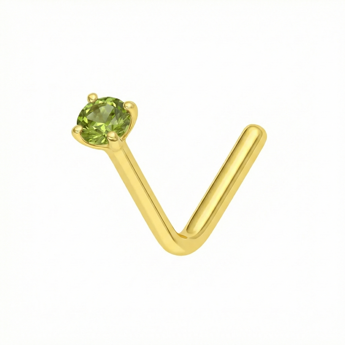 14K Gold Claw-Set Peridot Green Natural Stone L-Bend Nose Stud