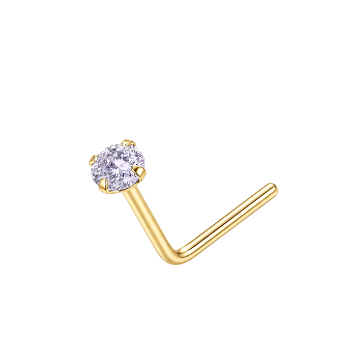 14K Gold Claw-Set Round CZ L-Bend Nose Stud