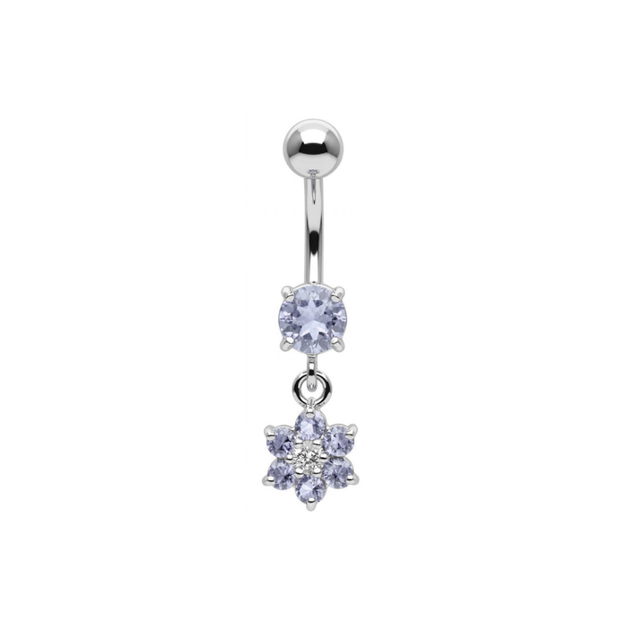 925 Sterling Silver Dangling CZ Jewelled Flower Belly Bar