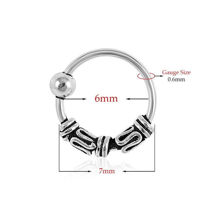 925 Sterling Silver Bali Style Oxidised Center Beaded Tribal Twist Open Nose Ring - Monster Piercing