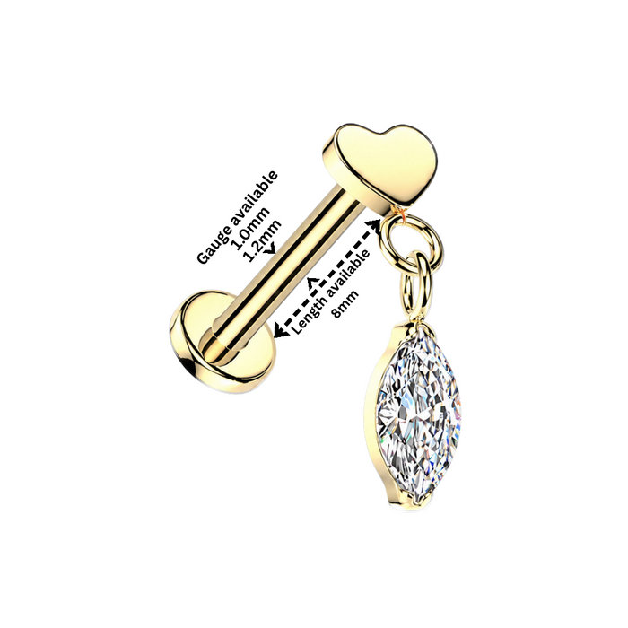 G23 Titanium Heart & Marquise CZ Dangle Threadless Flatback Stud