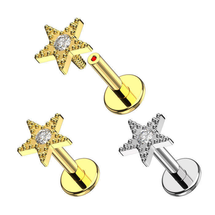 316L Surgical Steel CZ Jewelled Star Internally Threaded Flatback Stud