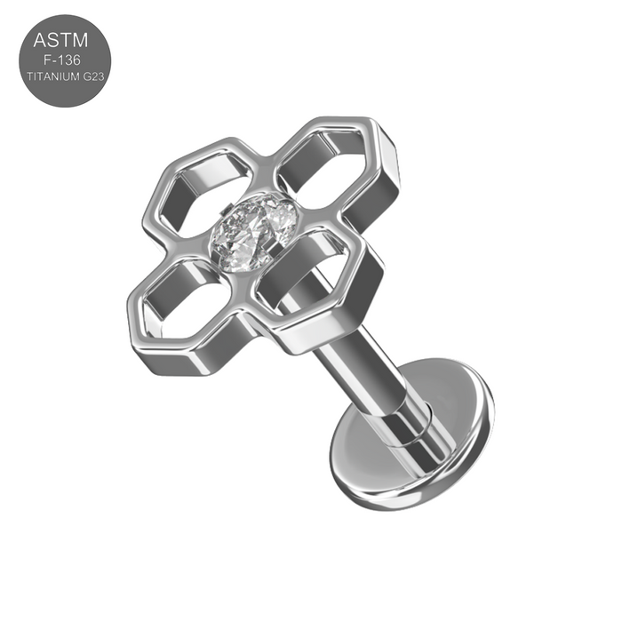 Silver flower CZ stud with diamond, side view, body jewelry