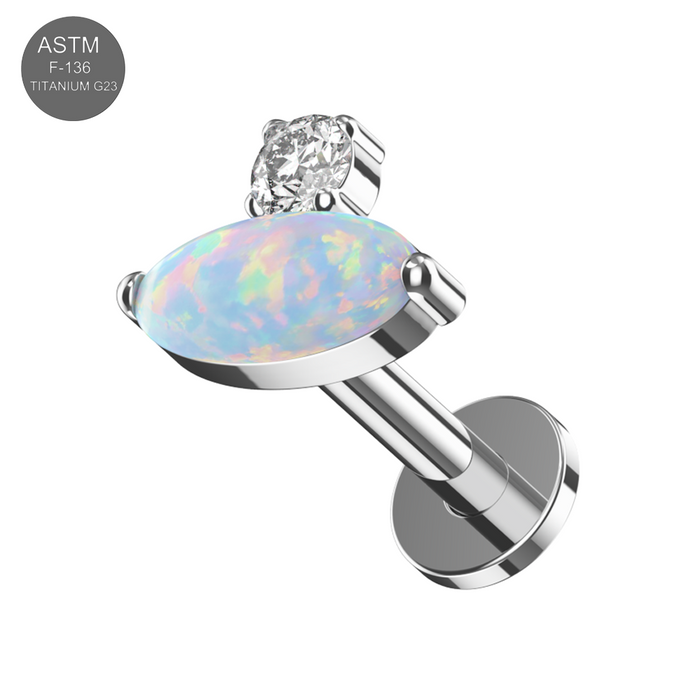 G23 Titanium Oval Opal & CZ Jewelled Threadless Flatback Stud