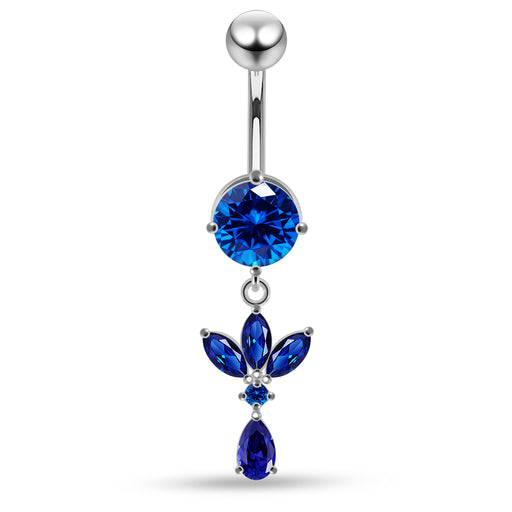 925 Sterling Silver Round CZ Jewelled with Dangling Leaf and Teardrop Belly Piercing - Monster Piercing