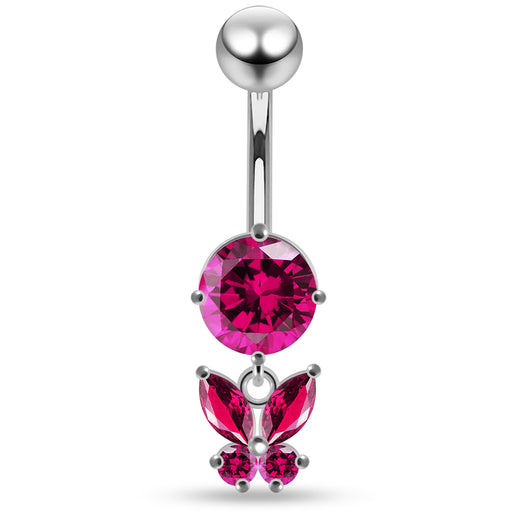 925 Sterling Silver Round CZ Jewelled with Dangling Butterfly Belly Piercing - Monster Piercing