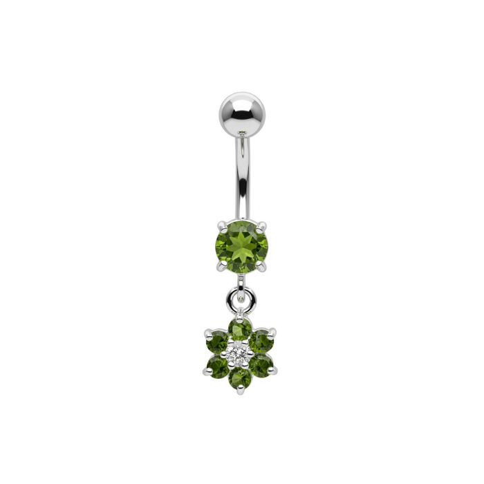 925 Sterling Silver Dangling CZ Jewelled Flower Belly Bar