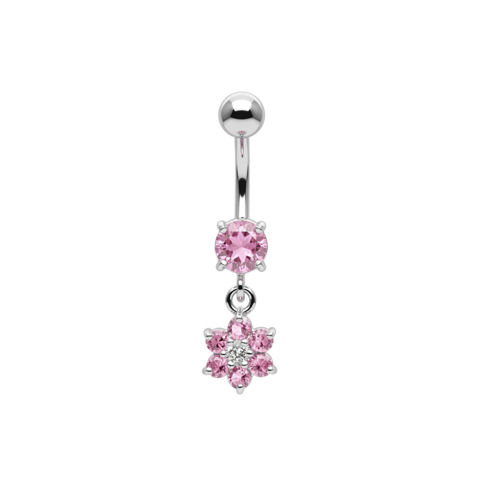 925 Sterling Silver Dangling CZ Jewelled Flower Belly Bar