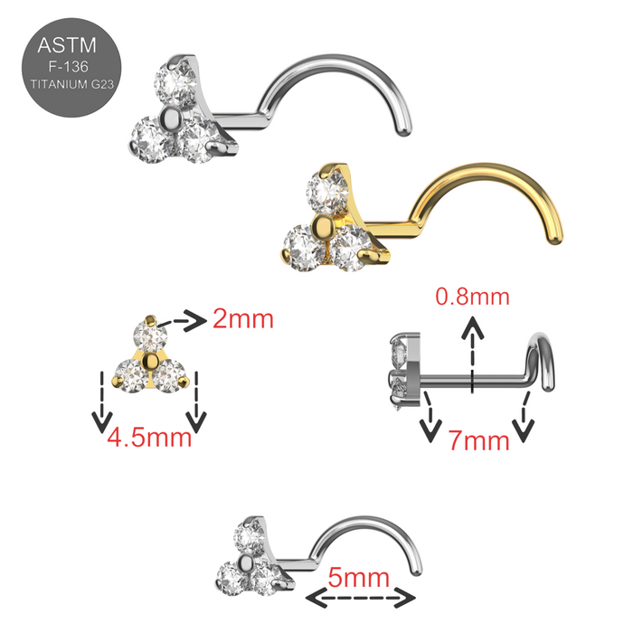 G23 Grade Titanium Tri CZ Jewelled Nose Screw - Monster Piercing